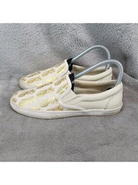 Bucket Feet Shoes Womens Size 6 Pineappleade Cream Gold Leather Slip On *Read*